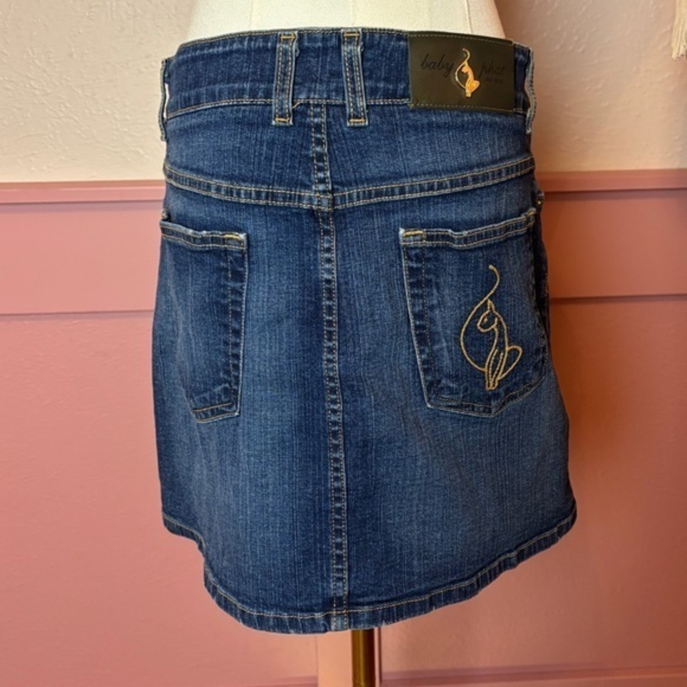 Baby Phat Y2K Denim Mini Skirt Gold Cat Logo McBling Vintage 2000s Streetwear 9